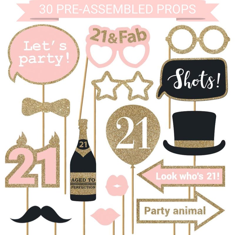 Perfect Occasion Fully Assembled 21st Birthday Photo Booth Props - Set of 30 - Pink & Gold Selfie Signs - 21st Party Supplies & Decorations - Cute Bday Designs with Real Glitter - Did We Mention No DIY - Image 1